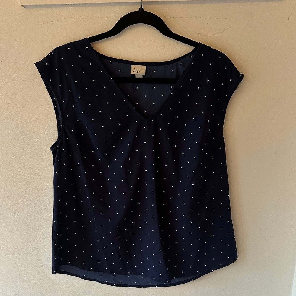 a new day navy Blouse with White Dots